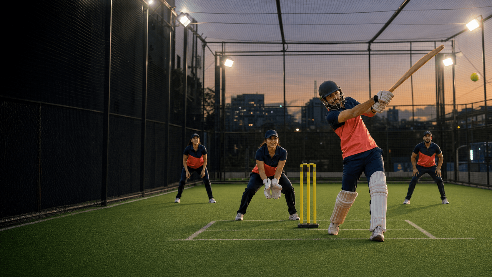 Community players enjoying cricket on an enclosed Bengaluru turf